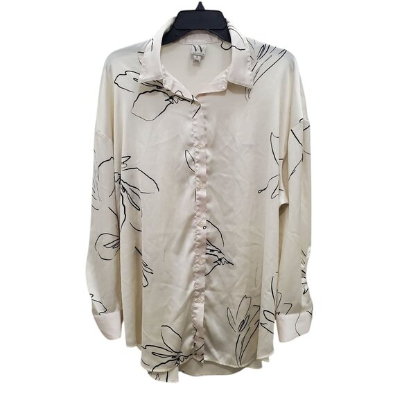 Worthington Women's Cream Black Abstract Satin Button Up LS Career Blouse XL‎ - Picture 1 of 10